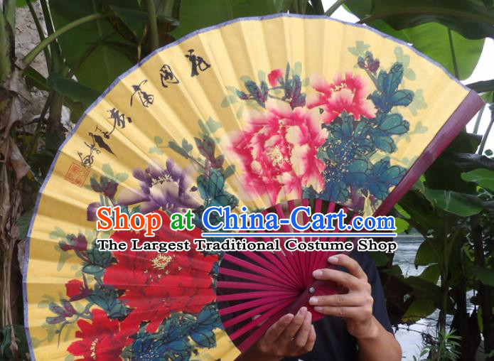 Chinese Traditional Fans Decoration Crafts Ink Painting Wealth Peony Folding Fans Yellow Paper Fans