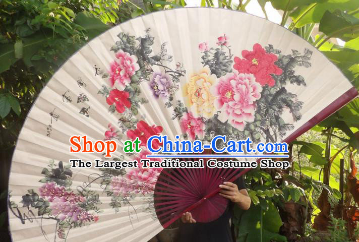 Chinese Traditional Fans Decoration Crafts Red Frame Ink Painting Peony Folding Fans Paper Fans