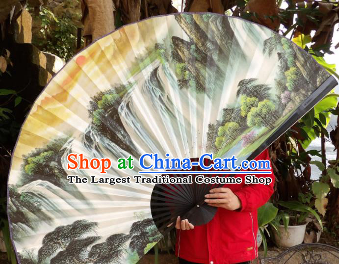 Chinese Traditional Fans Decoration Crafts Hand Painting Waterfall Landscape Black Frame Folding Fans Paper Fans