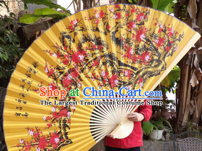 Chinese Traditional Fans Decoration Crafts Painting Plum Blossom Wood Frame Folding Fans Yellow Silk Fans