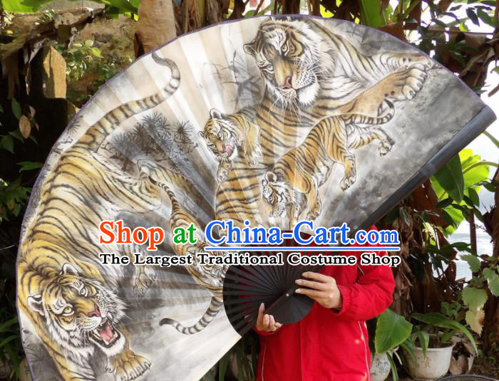 Chinese Traditional Fans Decoration Crafts Painting Tigers Black Frame Folding Fans Paper Fans