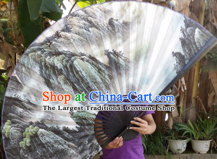 Chinese Traditional Paper Fans Decoration Crafts Landscape Painting Black Frame Folding Fans