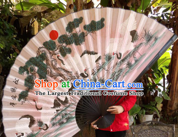 Chinese Traditional Handmade Silk Fans Decoration Crafts Ink Painting Cranes Black Frame Folding Fans