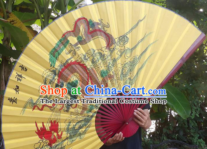 Chinese Traditional Handmade Yellow Silk Fans Decoration Crafts Ink Painting Dragon Red Frame Folding Fans