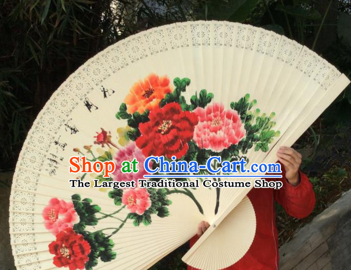 Chinese Traditional Handmade Wood Fans Decoration Crafts Ink Painting Peony Folding Fans