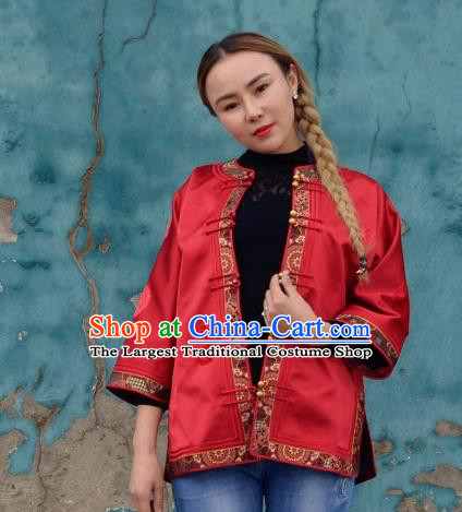 Chinese Traditional Mongol Ethnic Costume Mongolian Minority Nationality Red Brocade Blouse for Women