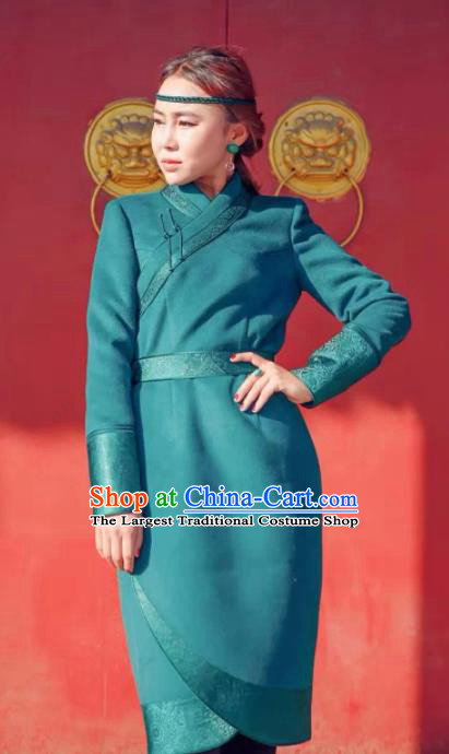 Chinese Mongol Minority Ethnic Costume Traditional Mongolian Green Woolen Coat for Women