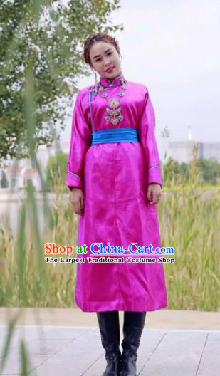 Chinese Mongol Minority Ethnic Costume Traditional Rosy Brocade Mongolian Robe for Women