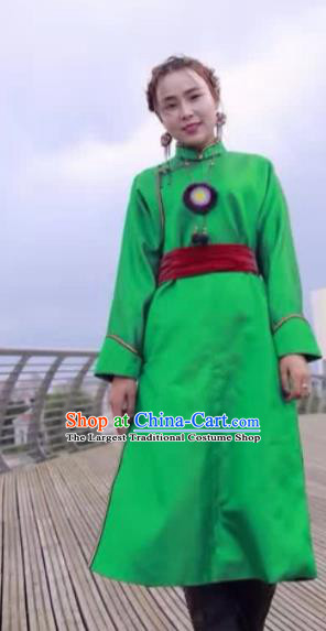 Chinese Mongol Minority Ethnic Costume Traditional Light Green Brocade Mongolian Robe for Women