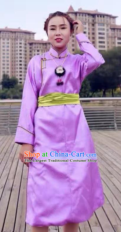 Chinese Mongol Minority Ethnic Costume Traditional Purple Brocade Mongolian Robe for Women