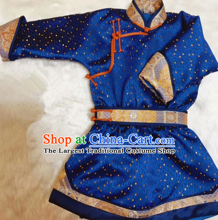 Chinese Traditional Mongol Ethnic Costume Mongolian Minority Nationality Blue Robe for Kids