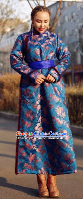 Chinese Traditional Mongol Ethnic Female Costume Mongolian Minority Nationality Royalblue Robe for Women