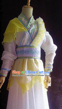 Traditional Chinese Cosplay Costumes Ancient Swordswoman Embroidered Yellow Hanfu Dress for Women