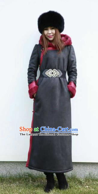 Chinese Traditional Mongol Minority Ethnic Costume Black Suede Fabric Mongolian Dust Coat for Women