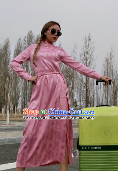 Chinese Traditional Mongol Ethnic Costume Mongolian Minority Nationality Pink Robe for Women