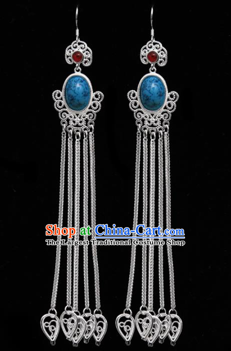 Chinese Ethnic Jewelry Accessories Mongolian Minority Long Tassel Blue Earrings for Women