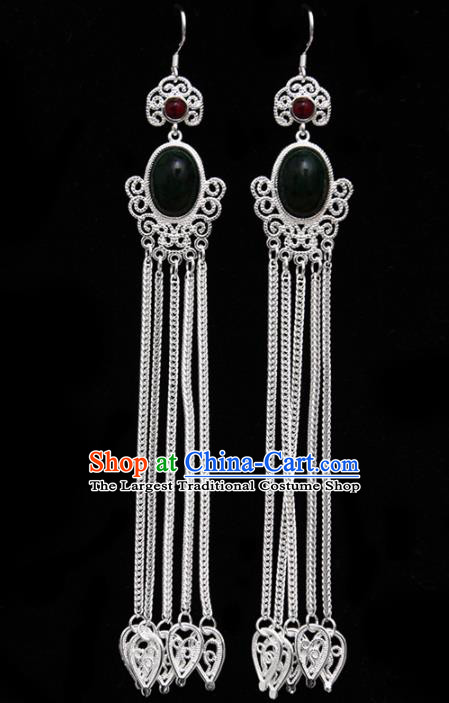 Chinese Ethnic Jewelry Accessories Mongolian Minority Long Tassel Black Earrings for Women