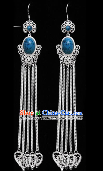 Chinese Ethnic Jewelry Accessories Mongolian Minority Long Tassel Sliver Earrings for Women