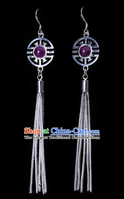 Chinese Traditional Ethnic Jewelry Accessories Eardrop Mongolian Purple Beads Earrings for Women