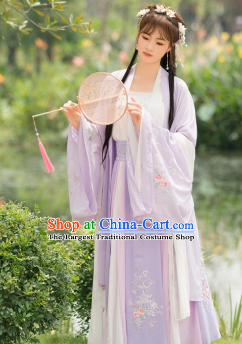 Traditional Chinese Tang Dynasty Palace Princess Embroidered Costumes Ancient Peri Purple Hanfu Dress for Rich Women