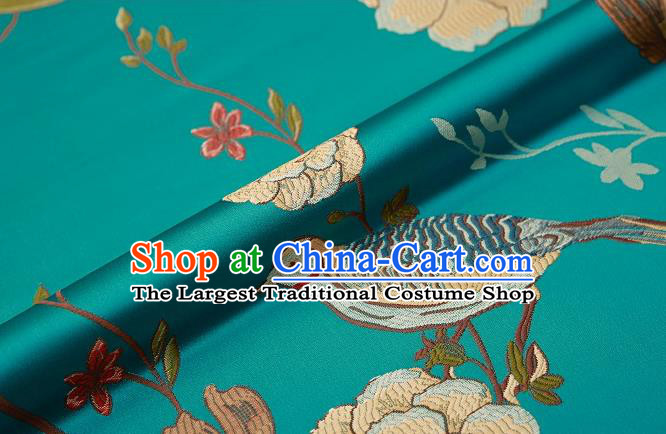 Asian Chinese Green Brocade Fabric Traditional Flowers Birds Pattern Design Satin Cushion Silk Fabric Material