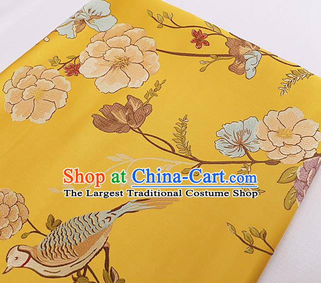 Asian Chinese Yellow Brocade Fabric Traditional Flowers Birds Pattern Design Satin Cushion Silk Fabric Material