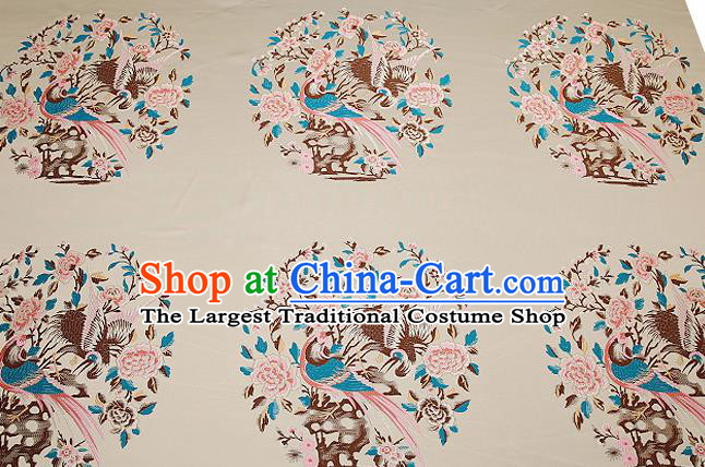 Chinese Traditional Beige Brocade Fabric Asian Birds Peony Pattern Design Satin Cushion Silk Fabric Material