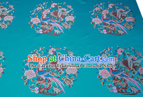 Chinese Traditional Blue Brocade Fabric Asian Birds Peony Pattern Design Satin Cushion Silk Fabric Material