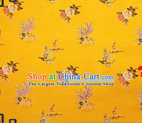 Chinese Traditional Yellow Brocade Fabric Classical Plum Blossom Orchid Bamboo Chrysanthemum Pattern Design Satin Tang Suit Silk Fabric Material