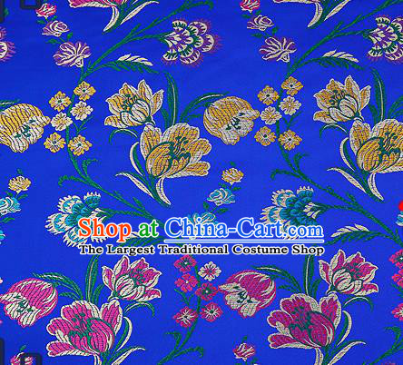 Traditional Chinese Royalblue Brocade Drapery Classical Tulipa Pattern Design Satin Cheongsam Silk Fabric Material