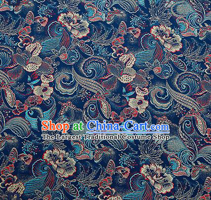 Traditional Chinese Navy Brocade Drapery Classical Butterfly Peony Pattern Design Satin Cheongsam Silk Fabric Material