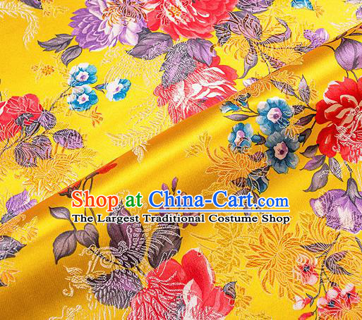 Traditional Chinese Classical Yellow Satin Brocade Drapery Chrysanthemum Peony Pattern Design Qipao Dress Silk Fabric Material