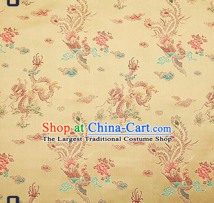 Traditional Chinese Classical Light Golden Satin Brocade Drapery Dragon Phoenix Pattern Design Qipao Dress Silk Fabric Material