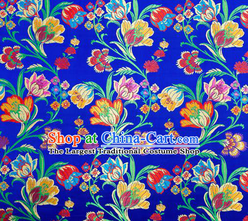 Asian Chinese Traditional Fabric Royalblue Brocade Silk Material Classical Tulipa Pattern Design Satin Drapery