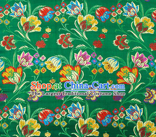 Asian Chinese Traditional Fabric Green Brocade Silk Material Classical Tulipa Pattern Design Satin Drapery