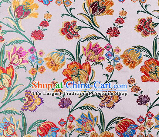 Asian Chinese Traditional Fabric White Brocade Silk Material Classical Tulipa Pattern Design Satin Drapery