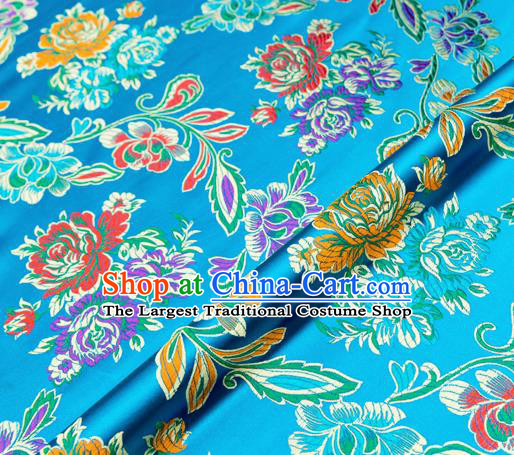 Traditional Chinese Tang Suit Silk Fabric Blue Brocade Material Classical Peony Pattern Design Satin Drapery