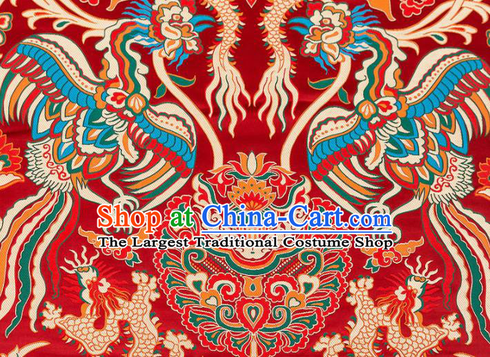 Asian Chinese Traditional Red Satin Fabric Tang Suit Nanjing Brocade Silk Material Classical Phoenix Dragon Pattern Design Drapery