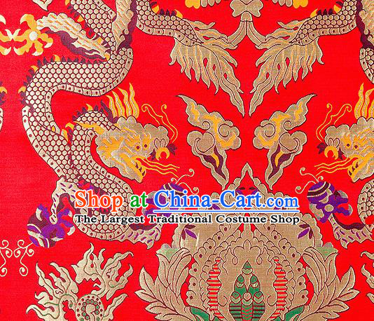 Asian Chinese Traditional Red Satin Fabric Tang Suit Nanjing Brocade Silk Material Classical Double Dragons Pattern Design Drapery