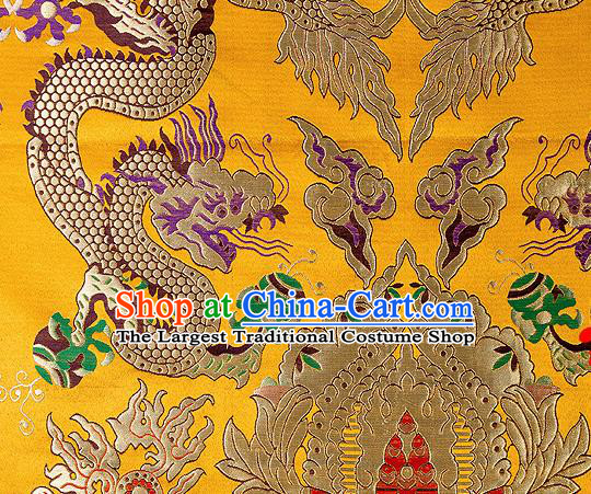 Asian Chinese Traditional Yellow Satin Fabric Tang Suit Nanjing Brocade Silk Material Classical Double Dragons Pattern Design Drapery