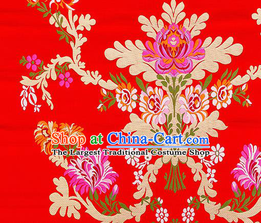 Asian Chinese Traditional Satin Fabric Tang Suit Red Brocade Silk Material Classical Peony Pattern Design Drapery
