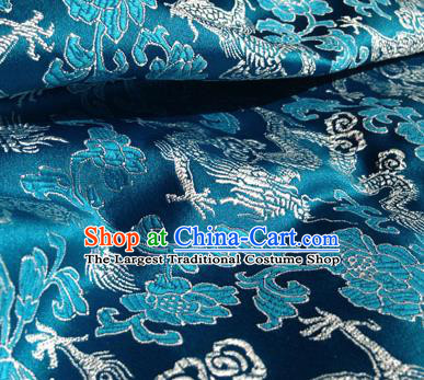 Asian Chinese Traditional Fabric Blue Satin Brocade Silk Material Classical Dragons Pattern Design Satin Drapery