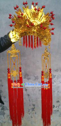 Chinese Traditional Peking Opera Queen Hair Accessories Ancient Bride Red Tassel Phoenix Coronet Headwear for Women