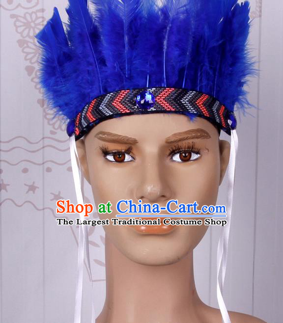 Halloween Catwalks Blue Feather Hair Accessories Cosplay Primitive Tribe Feather Hat for Adults