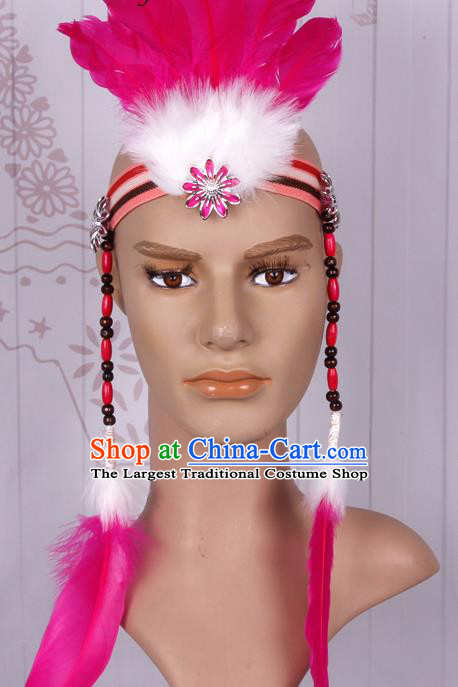 Halloween Catwalks Apache Chief Rosy Feather Hair Accessories Cosplay Primitive Tribe Feather Hat for Adults