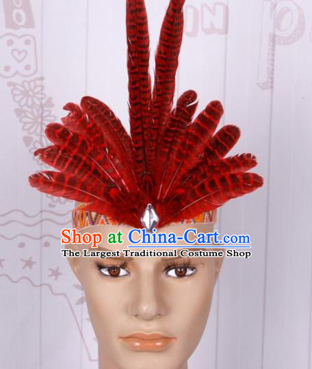 Halloween Catwalks Apache Chief Red Feather Hair Clasp Cosplay Primitive Tribe Feather Hat for Adults