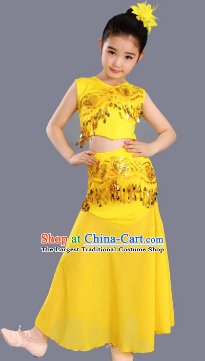 Chinese Traditional Ethnic Costumes Dai Nationality Folk Dance Pavane Yellow Dress for Kids