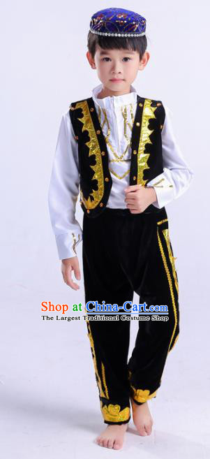 Chinese Traditional Uigurian Ethnic Costumes Uyghur Nationality Boy Folk Dance Black Clothing for Kids