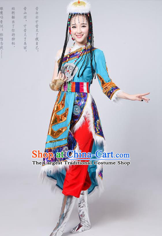 Chinese Traditional Tibetan Ethnic Costumes Zang Nationality Folk Dance Blue Dress for Women