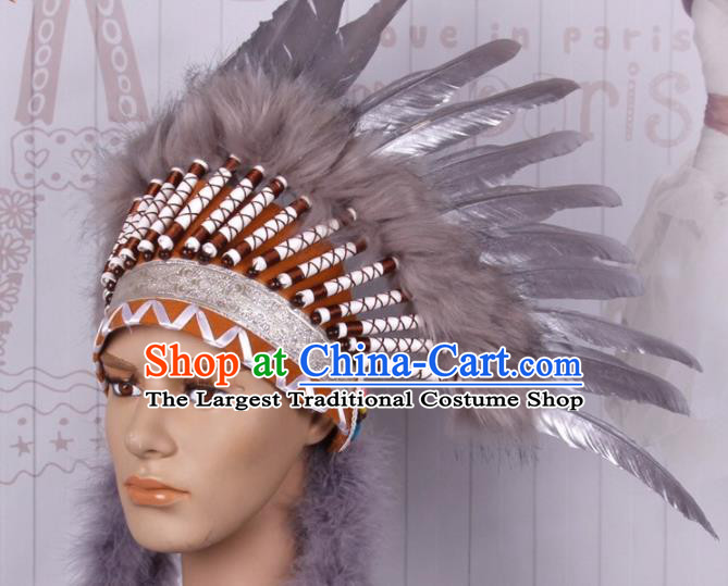 Halloween Savage Catwalks Deluxe Grey Feather Headdress Cosplay Apache Knight Feather Hair Clasp for Adults